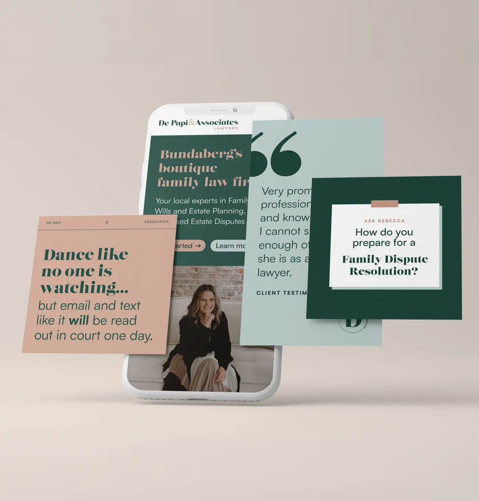 Bundaberg law firm branding - mobile website mockup and social tiles