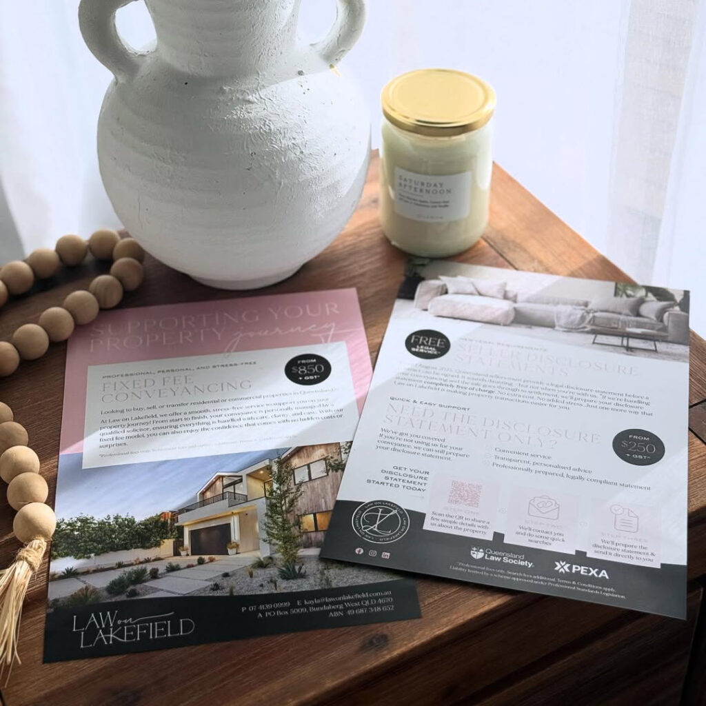 Bundaberg law firm flyer graphic design - mockup on home table