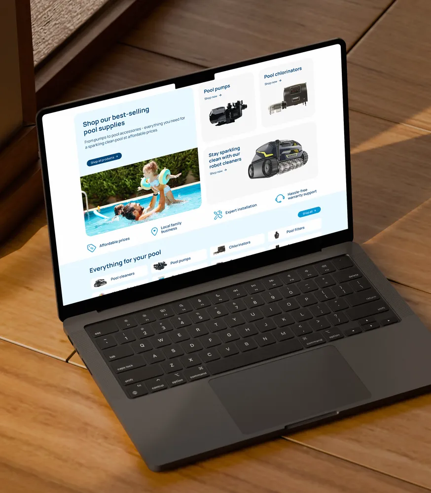 Local pool services business website design laptop mockup
