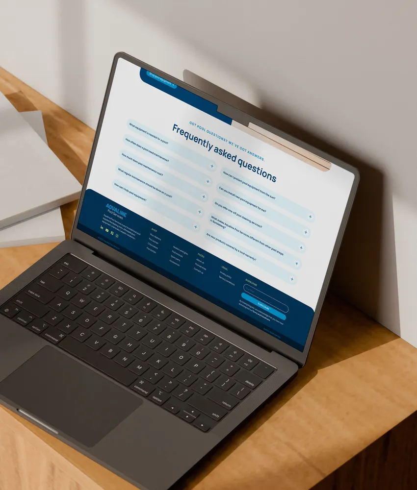 Bundaberg pool services business web design - FAQ section mockup on laptop