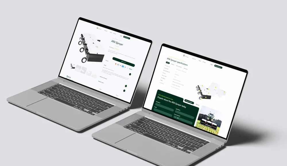 Autonomous farm equipment business website design - two laptop mockup
